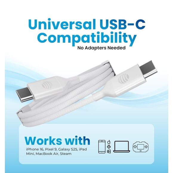 AT&T 6ft USB-C to USB-C Cable Fast Charging Data Transfer Safe Tangle Free White - Picture 7 of 8